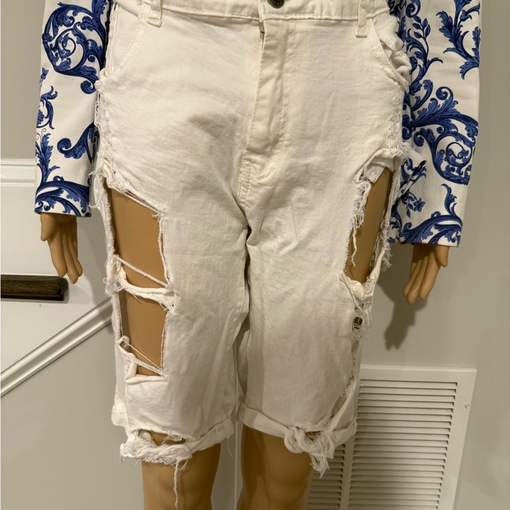 SKYLINEWEARS Women's Distressed Ripped Hole Shorts Mid Rise Knee Length